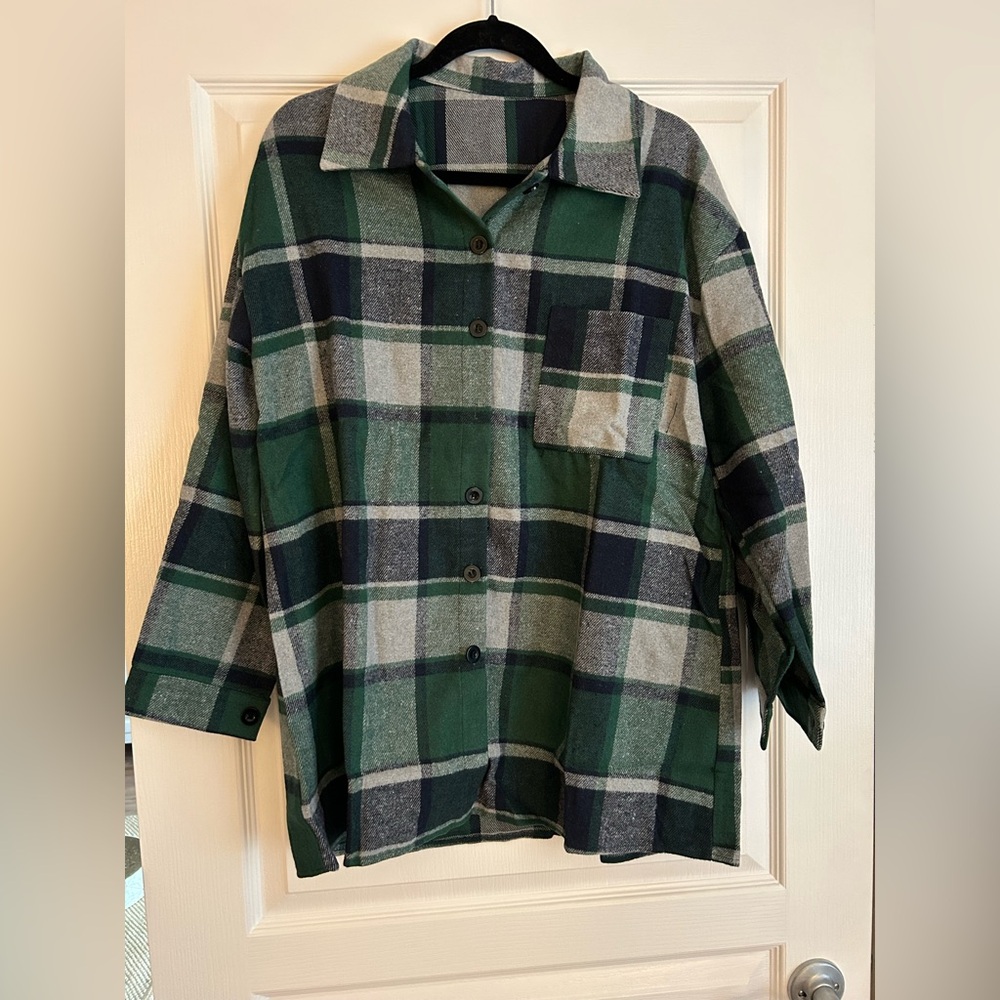 SHEIN Green and Blue Plaid Button-Up Shirt Plus Size
